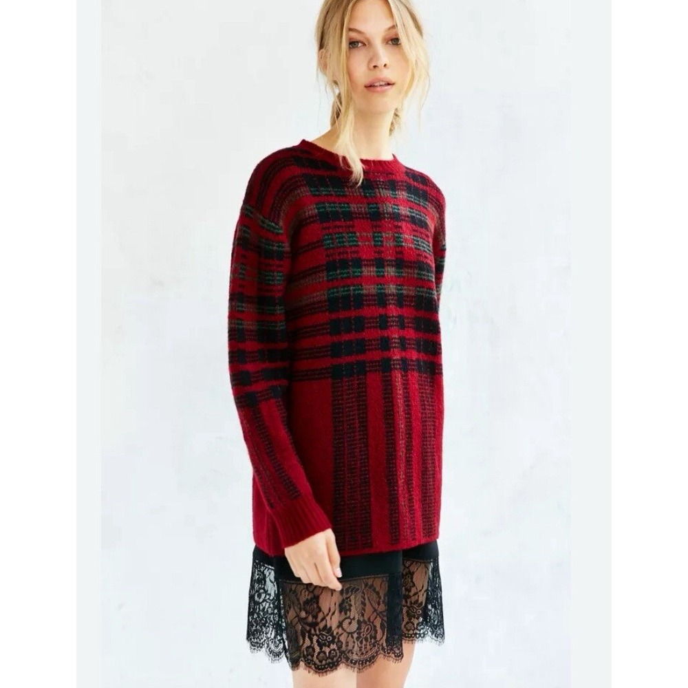 Unif Size S Hansen Sweater Tartan Plaid Oversized Red Wool Blend Tunic Crew
